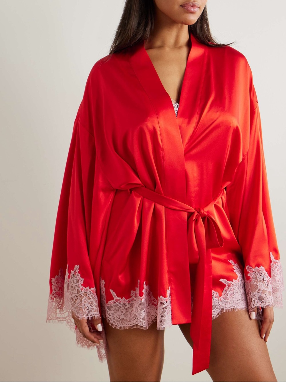 SKIMS Silk Lace Robe in Ruby Contrast Pink Trim Belted $250 MSRP Size Small